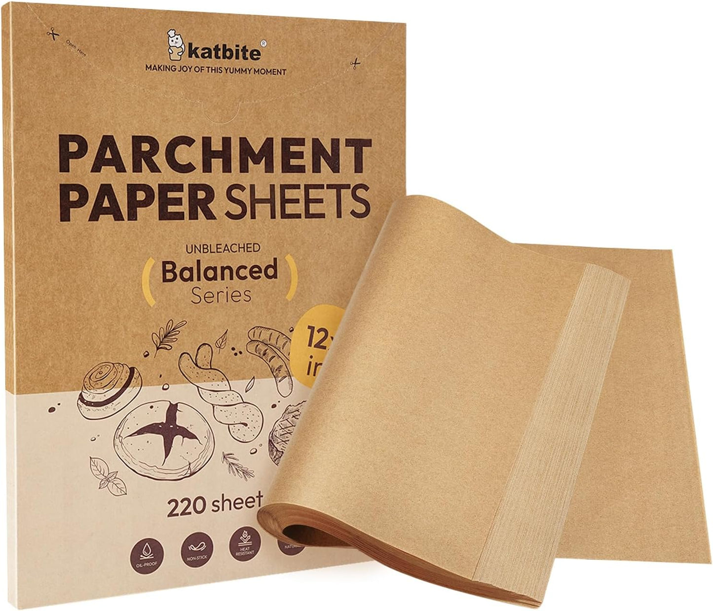 Katbite Parchment Paper Sheets - 220 Pcs Non-Stick Unbleached Baking Paper, 12x16 Inches for Air Fryer & Cooking