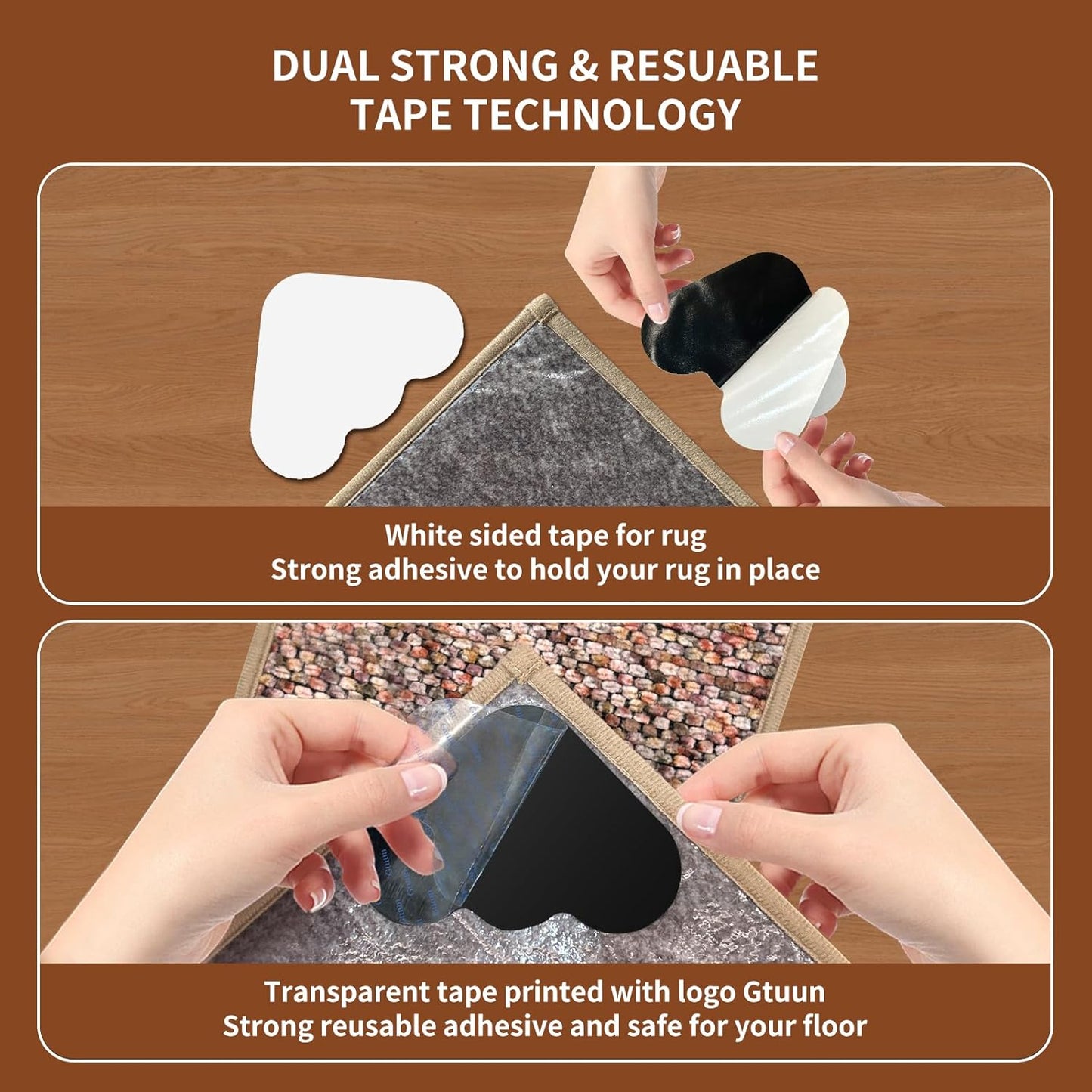 Skiennix Non-Slip Rug Grippers - Dual-Sided Adhesive Pads to Keep Corners Flat | 8 Reusable & Washable Pads for Hardwood Floors and Tiles