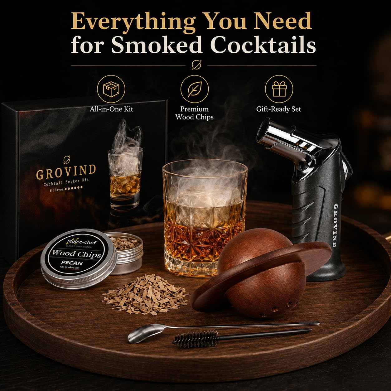 Grovind Whiskey Smoker Kit,Cocktail Smoker Kit with Torch,Bourbon smoker kit,Old Fashioned Smoker kit,Drink Smoker Infuser Kit with Wood Chips,Birthday Whiskey Bourbon Gifts for Men,Dad,Husband