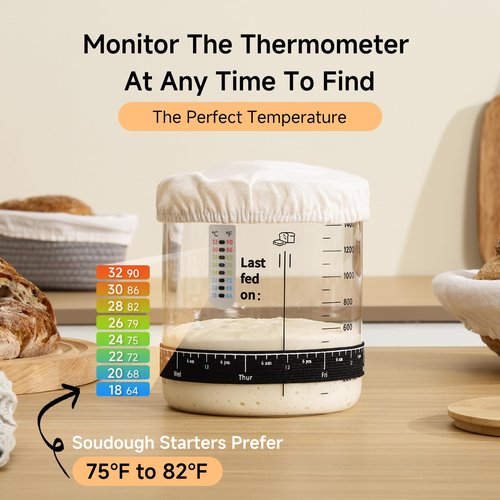 HomeFeel Premium Sourdough Starter Jar - 50 oz Large Glass Jar with Bamboo Lid, Cloth Cover, Date Tracker, Thermometer and Scraper, Stylish Design and Wide Mouth Starter Kit