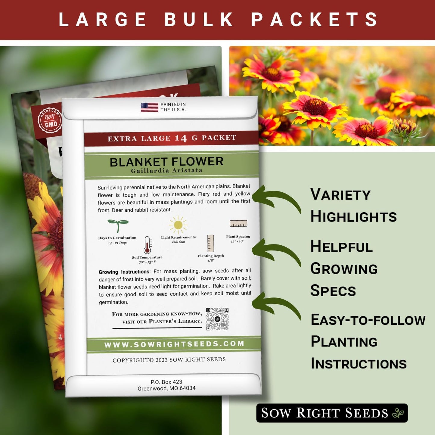 Sow Right Seeds - Bulk Blanket Flower Seeds - Non-GMO Heirloom Jumbo Pack, 14g | 5000 Seeds for Vibrant Gardens