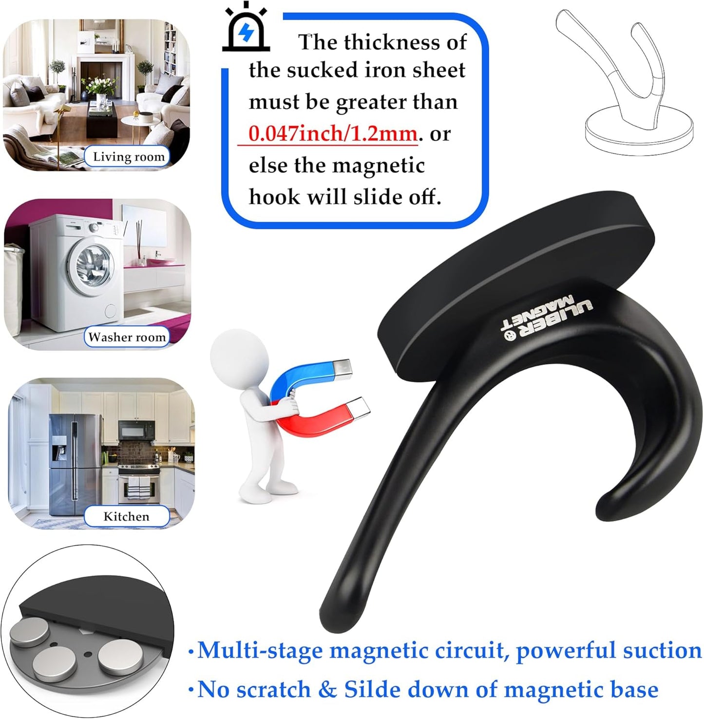 ULIBERMAGNET Heavy-Duty Magnetic Coat Hooks - 2 Pack Rubber Magnet Double Hooks for Coats, Towels & Keys (Black)
