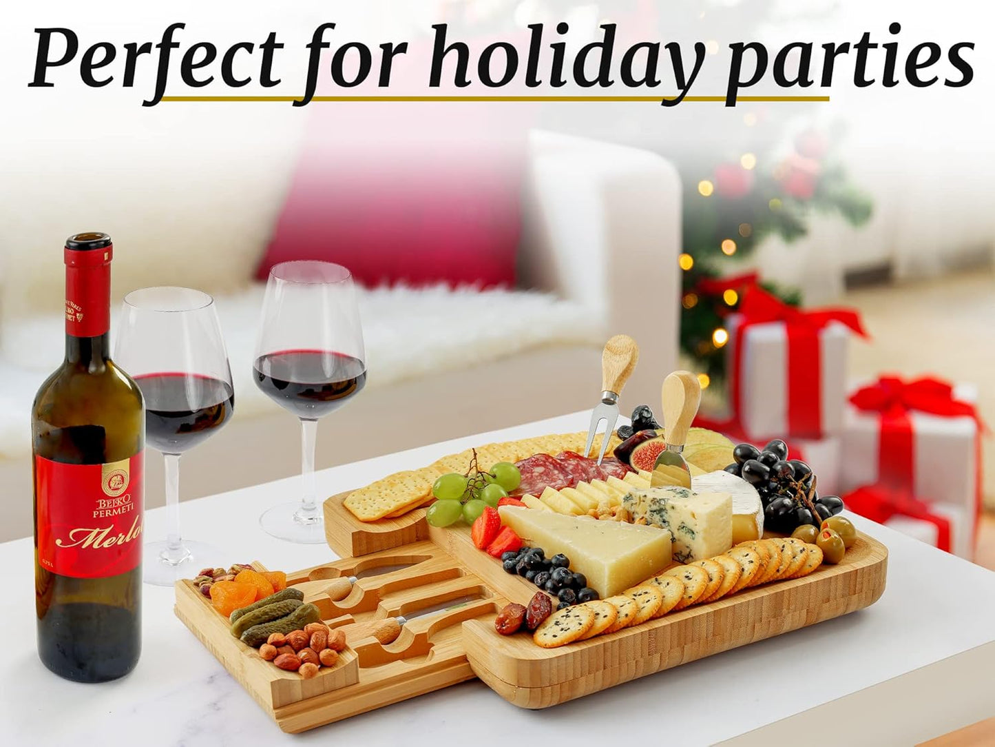 Zulay Kitchen Premium Bamboo Cheese Board Set - Extra Thick Charcuterie Board with 4 Knives | Perfect for Wine & Cheese Lovers