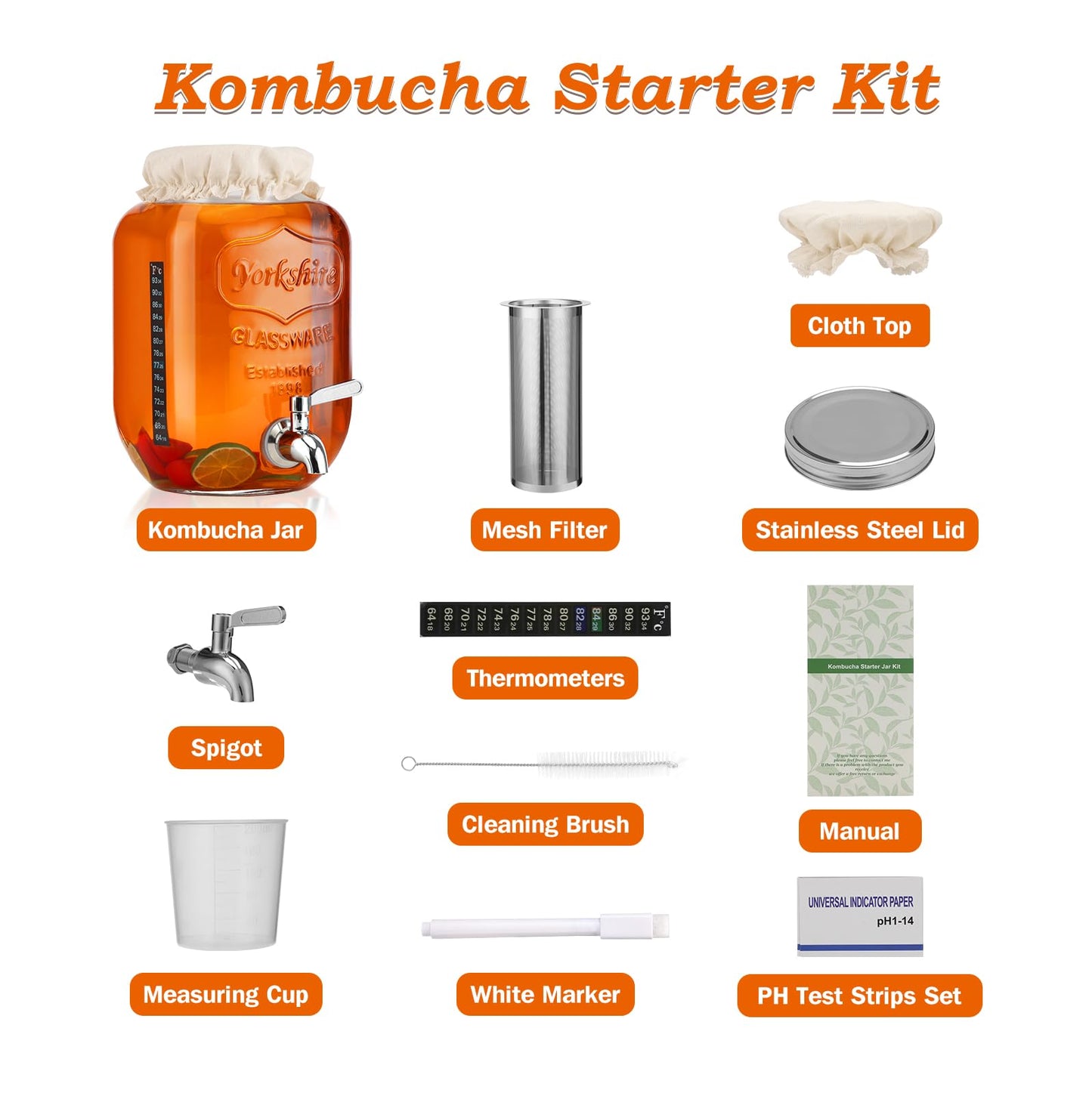 1 Gallon Kombucha Starter Kit, Glass Kombucha Jar with Spigot and Stainless Steel Mesh Filter Fermentation Kit for Home Brewed Kombucha Bottles, Includes Test Strips, Measuring Cups, Cloth Top