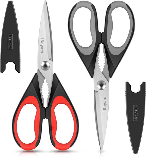 iBayam Kitchen Scissors - Heavy Duty Stainless Steel Shears Set | 2 Pack with Protective Sheath & Comfort Grip