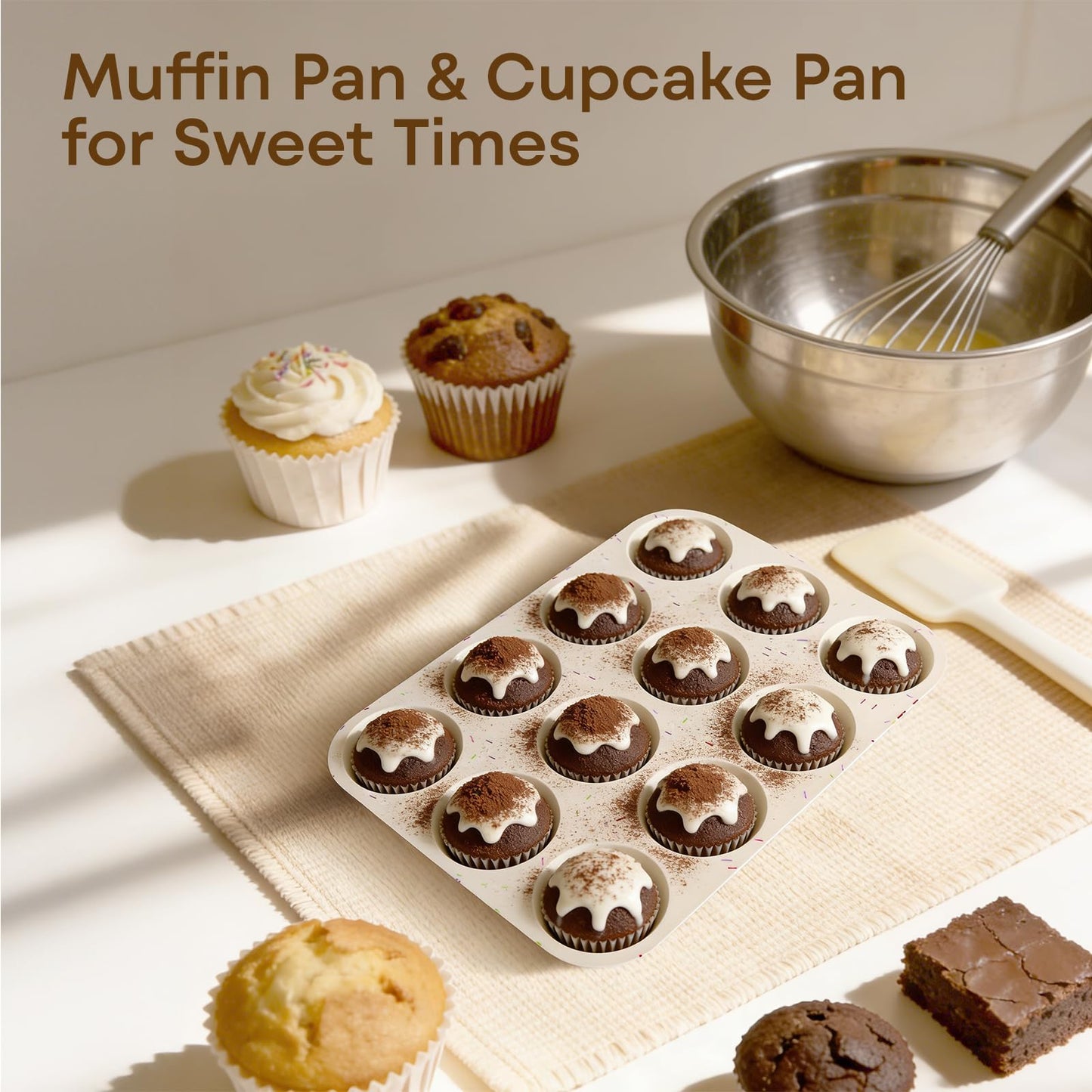 Ruinovate Silicone Muffin Pans for Baking Nonstick 2 Pcs, 12 Cup Regular Cupcake Pan, Food-Grade Silicone Baking Molds for Cupcakes, Egg Bites, Freezer, White
