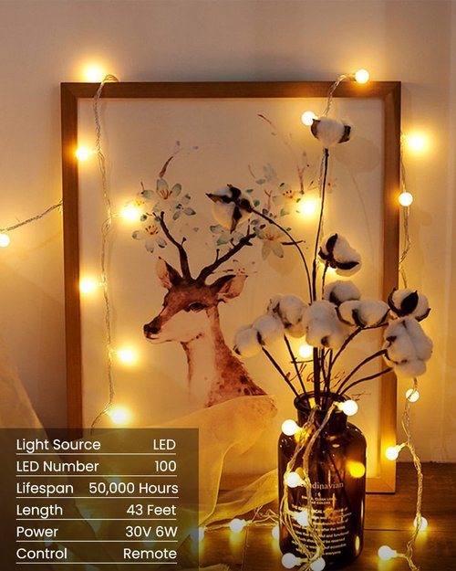 Globe String Lights - 43 Ft 100 LED Fairy Lights with Remote & Timer | Connectable Twinkle Lights for Indoor/Outdoor Decor - Warm White