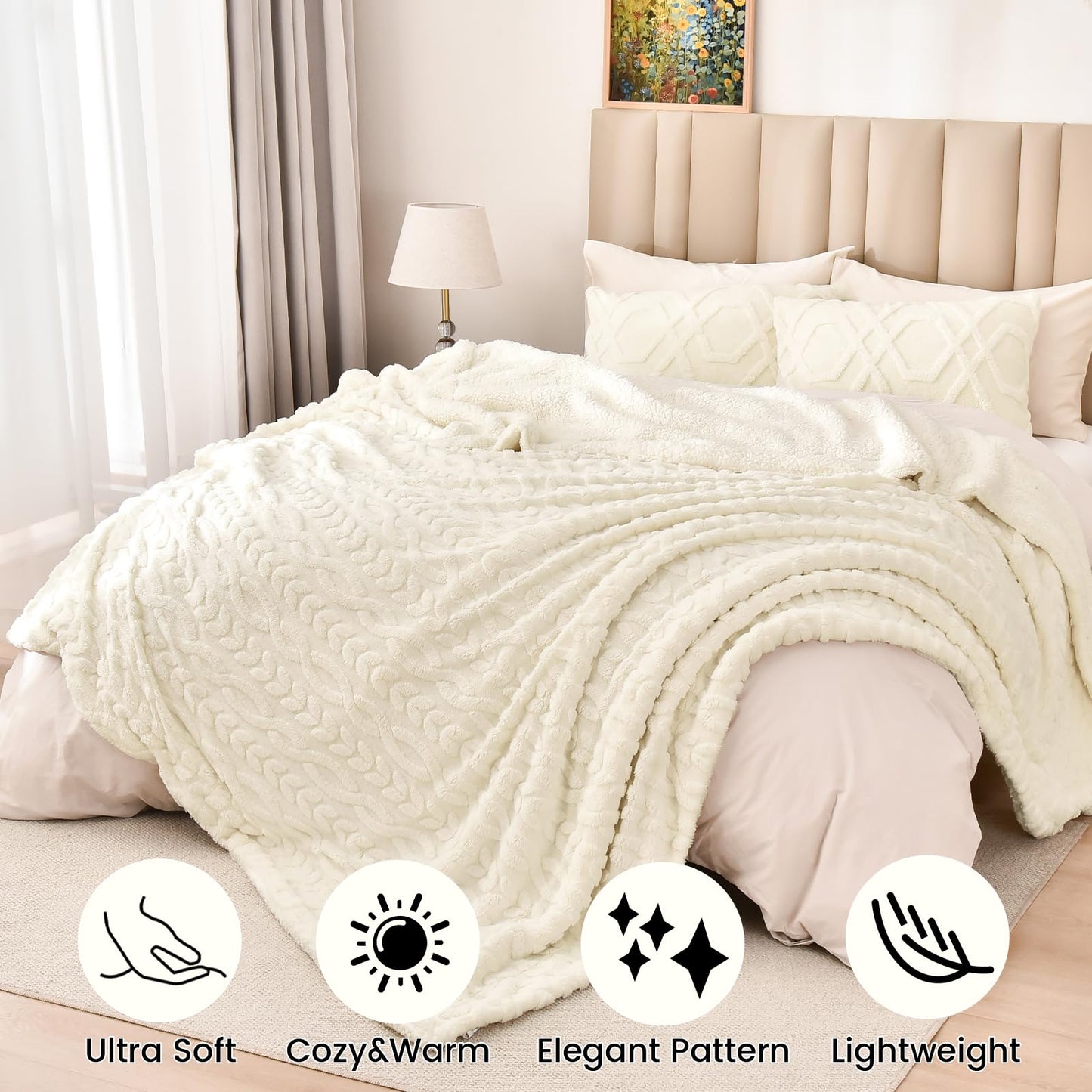 PHF Fluffy Sherpa Blanket King Size for Winter, Warm and Soft, 510GSM 3D Jacquard Thick Shaggy Fleece Plush Blanket for Sofa Bed, Cream, 108"x90"