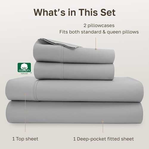California Design Den Queen Size Cotton Sheets Set - Silky Smooth 400 TC Sateen with Deep Pockets | Light Grey