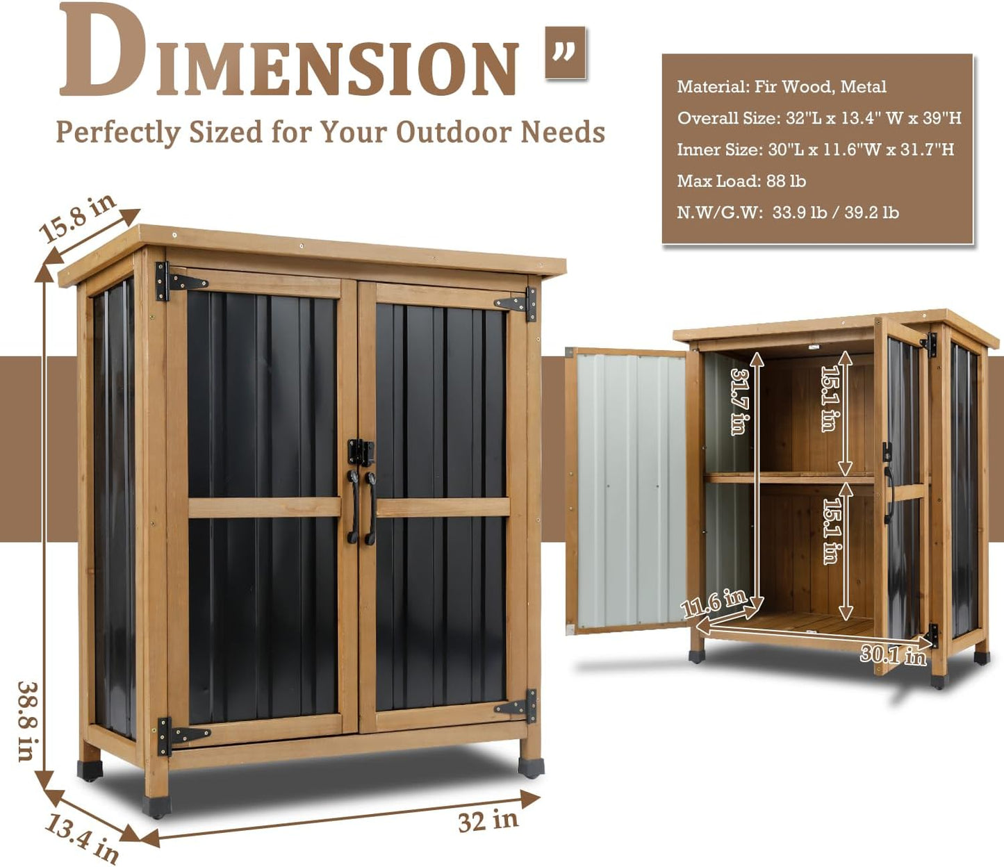 PetsCosset Weatherproof Outdoor Storage Cabinet - Lockable Wood & Metal Garden Shed for Tools & Pool Accessories