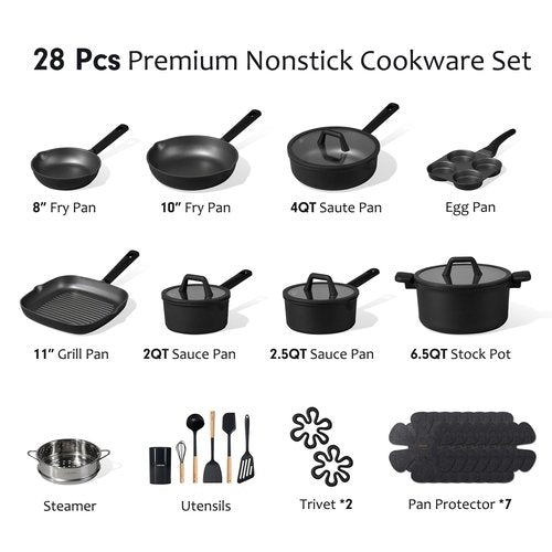 CAROTE 28PCS Pots and Pans Set, Nonstick Cookware Set Kitchen Non Stick Induction Titanium Cookware Non-toxic Granite Cooking set, PFOA Free, Black