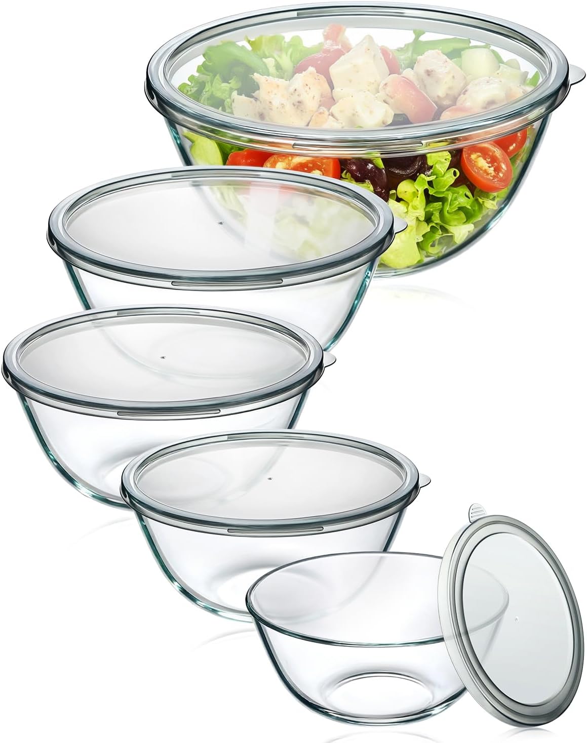 Skiennix Glass Mixing Bowls Set of 5 - Thick Nesting Bowls with Lids for Baking & Storage | Dishwasher & Microwave Safe