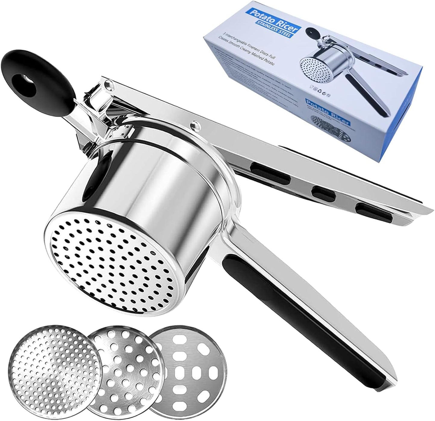 Skiennix 15 oz Stainless Steel Potato Ricer - 3 Interchangeable Plates, Dishwasher Safe for Perfect Mashed Potatoes & Baby Food
