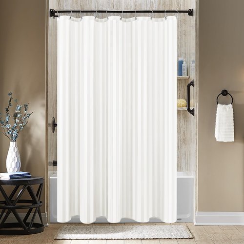 Biscaynebay Fabric Shower Curtain or Liner 72" by 72", Ivory Water Repellent Damask Stripes Bathroom Curtains Machine Washable