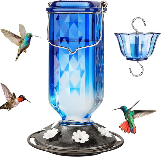 Kingsyard Hummingbird Feeder - 24 Ounce Glass Design with 6 Feeding Ports & Ant Moat | Blue Garden Décor