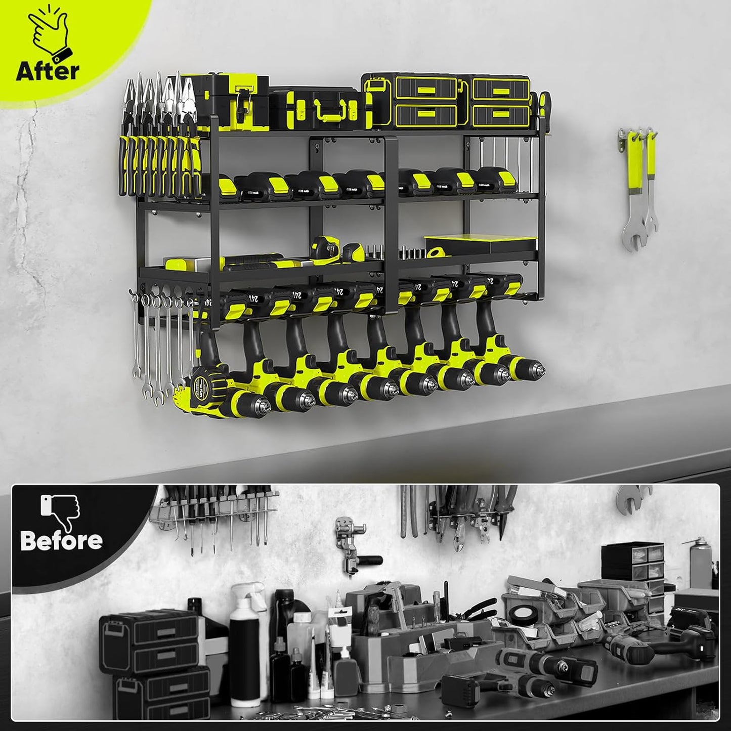 POKIPO 33" W Heavy-Duty Power Tool Organizer - 4-Tier Wall Mount Storage for 8 Drills & Batteries | Garage Utility Rack