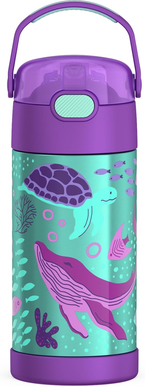 THERMOS FUNTAINER Water Bottle - 12 Ounce Kids Stainless Steel Vacuum Insulated with Straw - Ocean Pals Design