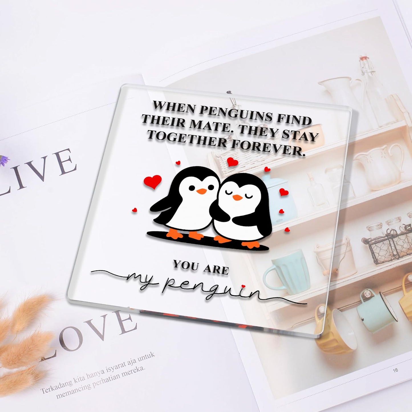 Atichwem Romantic Penguin Acrylic Plaque with Wooden Stand, 5.9×5.9 Inch Clear Acrylic for Home Office Decor, Wedding Engagement Anniversary Birthday Valentines Day Gifts for Couples Him Her