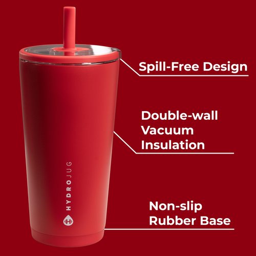 HydroJug Everyday Tumbler 20 oz – Ceramic-Lined Insulated Tumbler with Straw and Soft-Touch Lid, Cup Holder Friendly, Double-Wall Vacuum Insulation, Reusable Travel Cup – Alumni Red