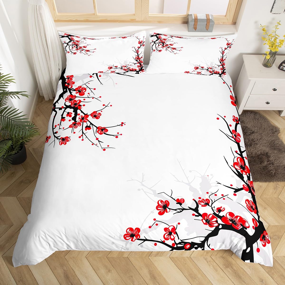 Japanese Duvet Cover King Size,Adult Women Spring Cherry Blossom Comforter Cover Asian Botanic Themed Pattern Fresh Organic Art Bedding Set, Branch of Red Flowers Decorative Bedspreads White Black