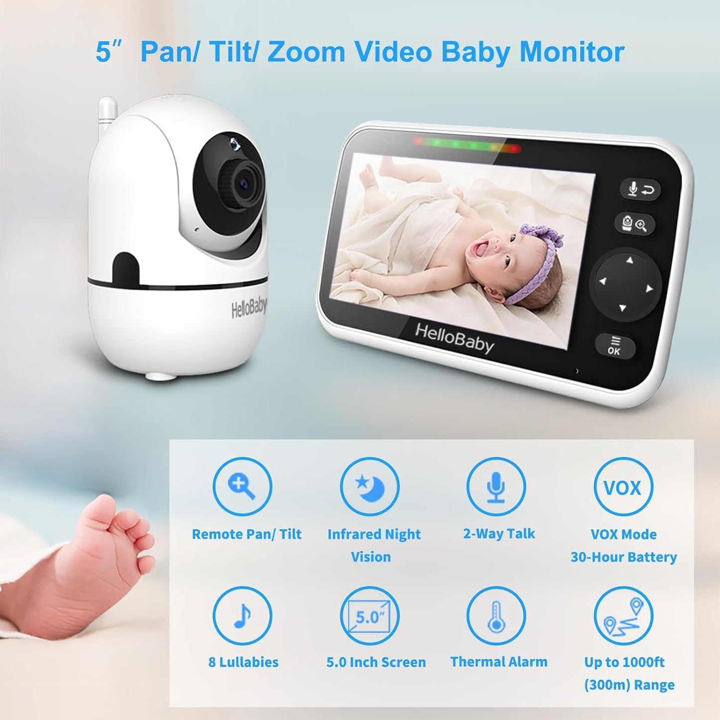HelloBaby Baby Monitor - 5" Screen with 30-Hour Battery, Night Vision & 2-Way Talk | HB6550