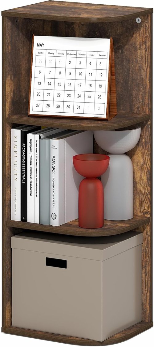 Furinno PASIR 3-Tier Corner Bookshelf - Open Shelf Bookcase for Organization & Storage | Amber Pine, 9.3 x 12 x 31.5