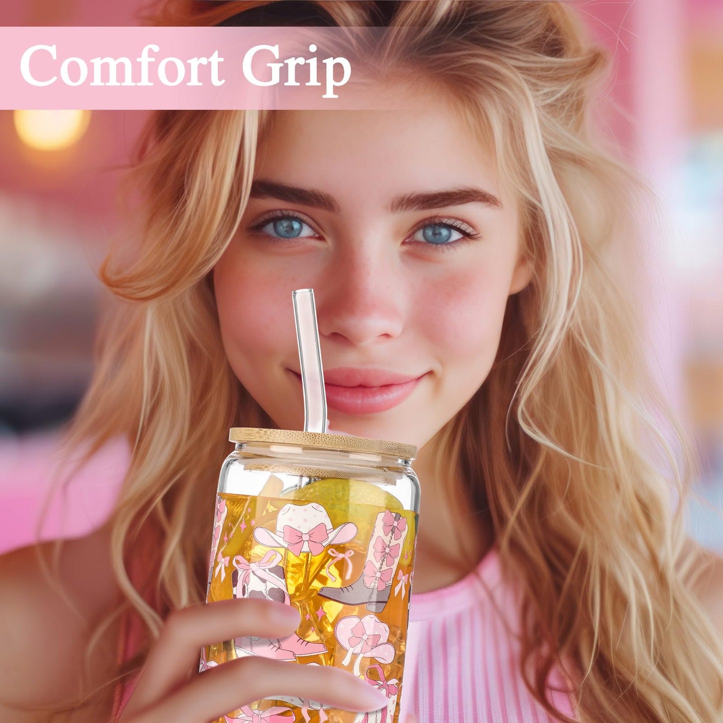 Yetene Coquette Bow Aesthetic Cup 16oz Cowgirl Glass Cup with Lid and Straw Pink Bow Tumbler Cowgirl Gifts for Women Girls Friend Sister Girlfriend