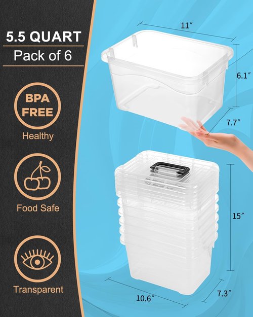 EOENVIVS Plastic Storage Bins - 7 Quart Stackable Organizer with Lids & Buckle-Up Latches | Clear, 6 Pack