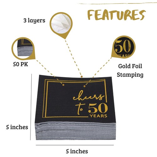 Cheers to Years Cocktail Napkins - 50 PK - 3-Ply Birthday Napkins 5x5 Inches Disposable Party Napkins Beverage Paper Napkins or Birthday Decorations Wedding Anniversary Black and Gold (50 Years)