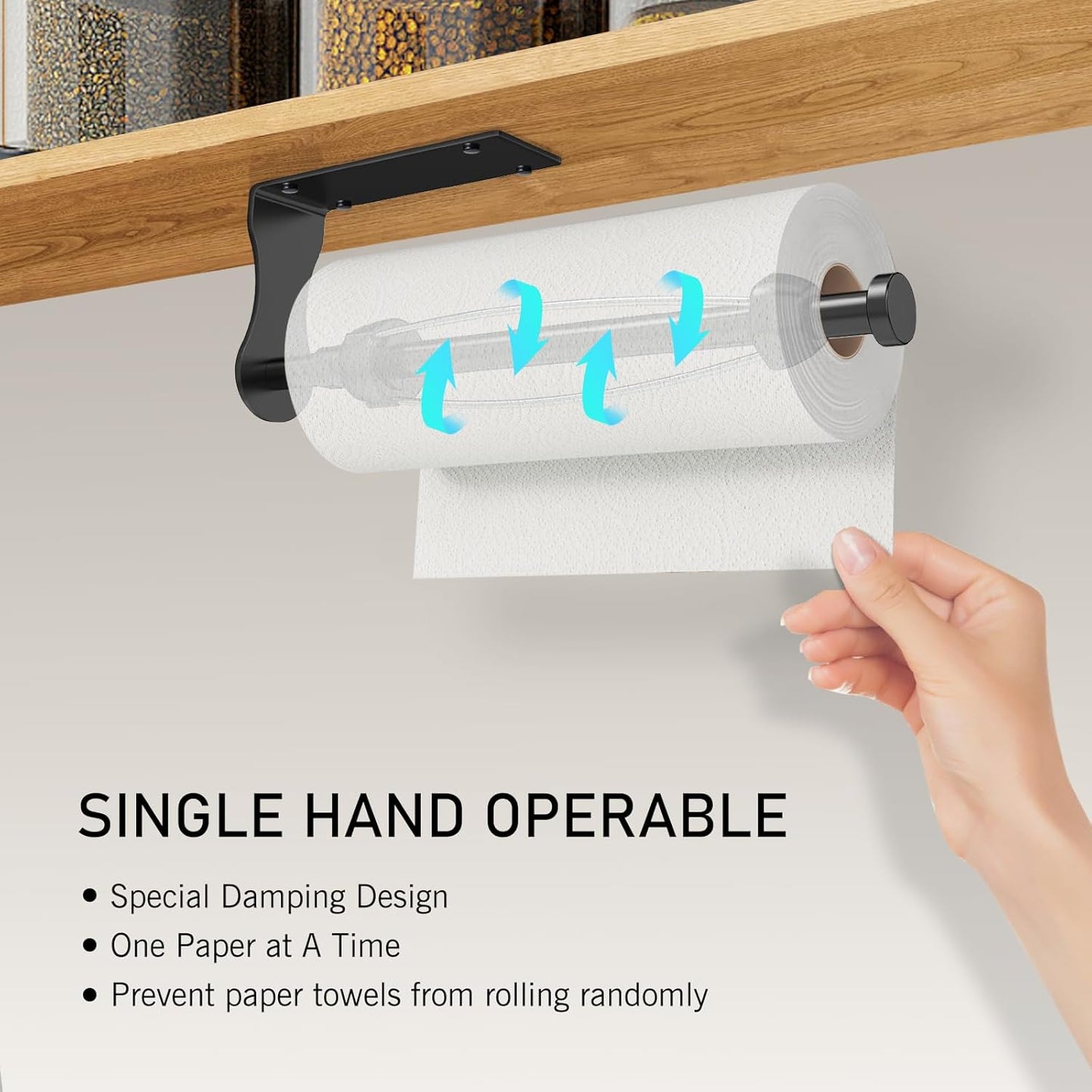 SetSail Paper Towel Holder - Single Hand Operable Under Cabinet Design | Adjustable Damper, Easy Tear, Black