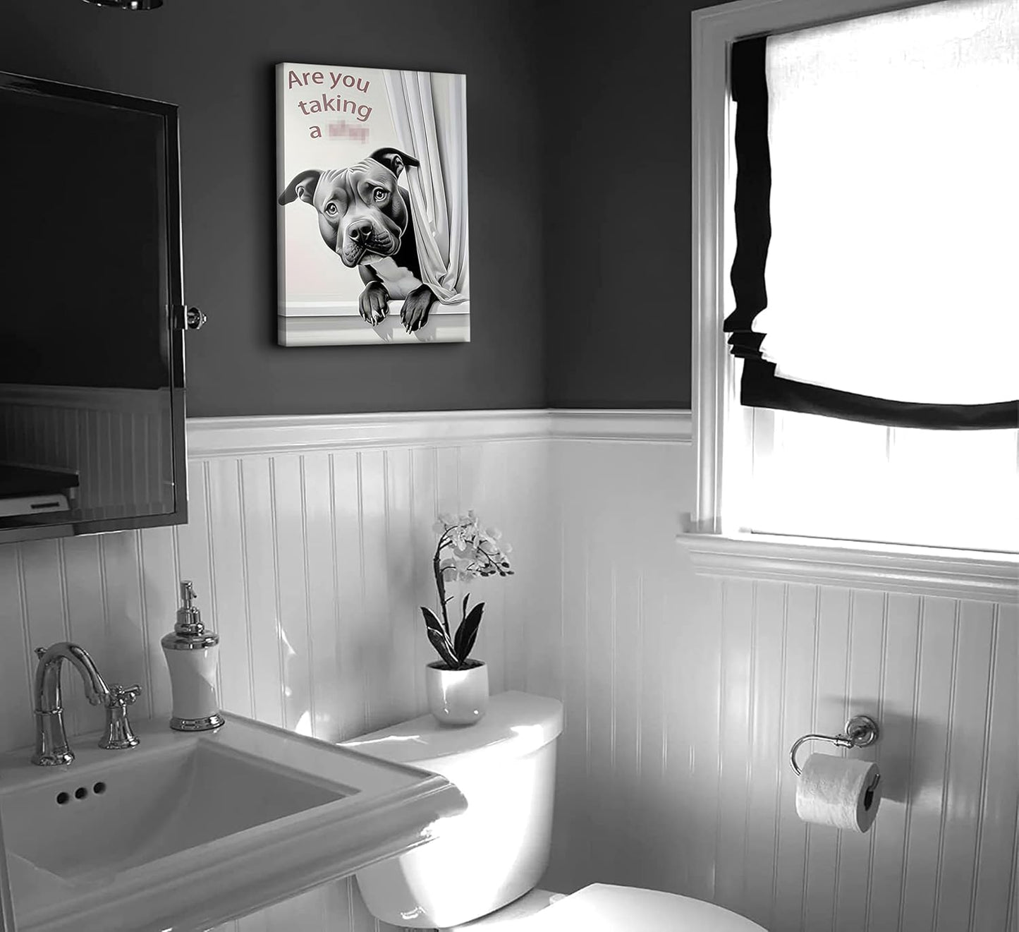 KADEYEE Funny Dog Wall Art - French Bulldog Peeking Into Toilet | Black & White Bathroom Decor, 12x16 Inch Framed Print