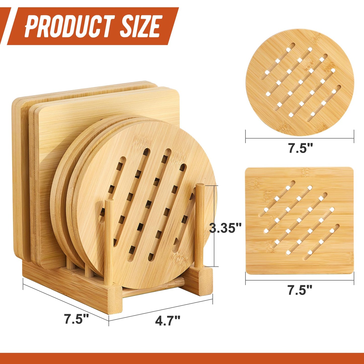 GHWIE Bamboo Trivet with Stand - Heat Resistant Pot Holders for Kitchen, Multi-Purpose Pads, Plate Mats, Large Stove Mat - Air Fryer Accessories and Trivets for Hot Dishes, 4 PCS