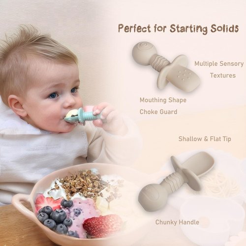 Ginbear Platinum Silicone Baby Spoons - Non-Toxic Self-Feeding Utensils for Infants | 4-Pack in Hazy Green & Pink