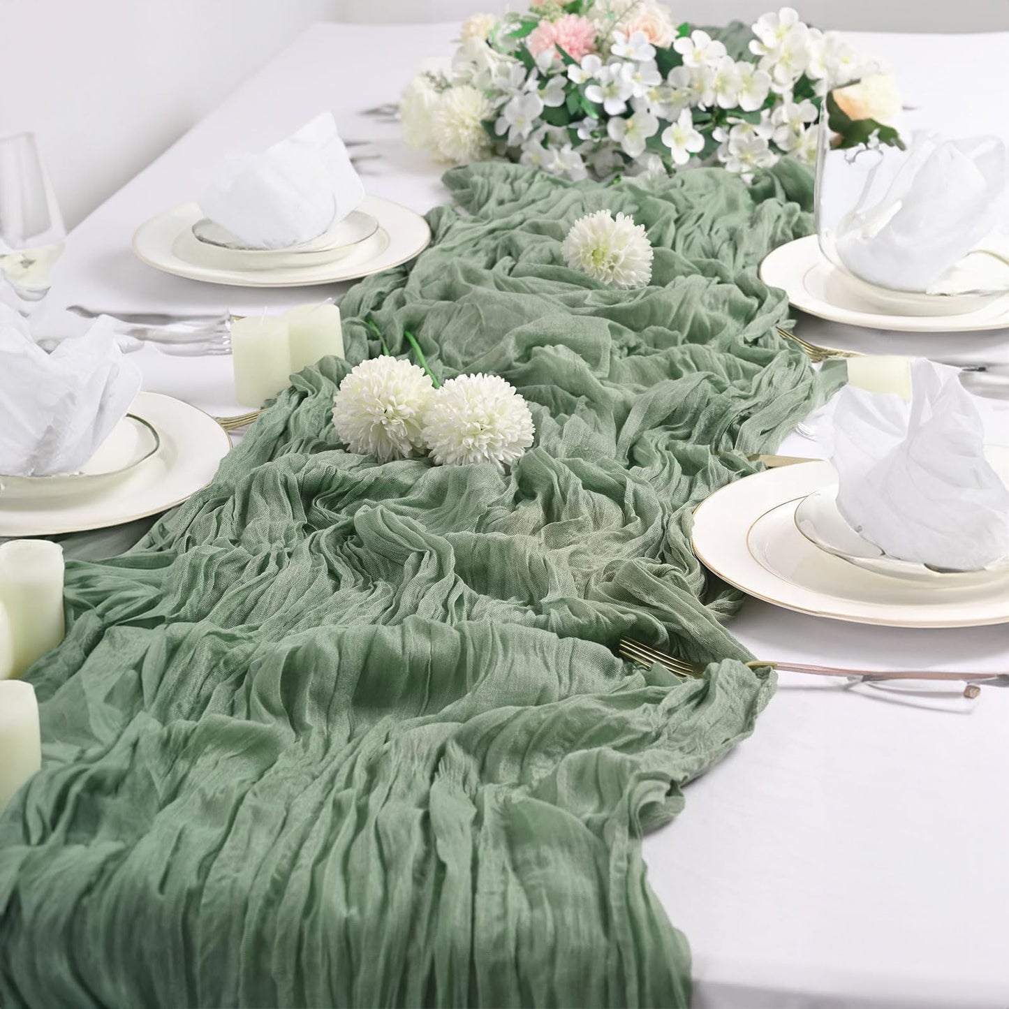 6 Pack Cheesecloth Table Runner 10Ft Boho Gauze Long Rustic Sheer for Wedding, Bridal Baby Shower, Birthday Party, Cake Table, Arbor Decorations (Sage Green)