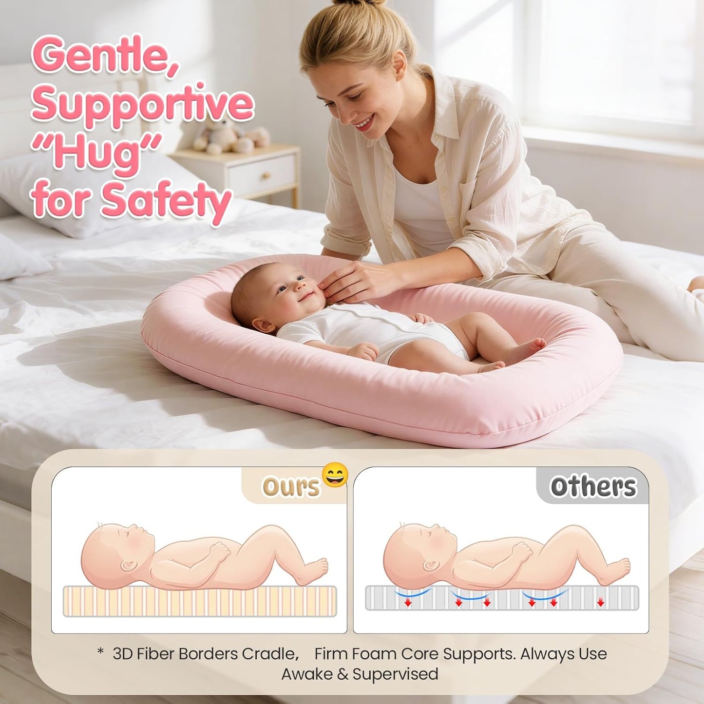 Skiennix Infant Support Cushion - Portable Baby Lounger & Tummy Time Mat, Soft Cotton, Waterproof (Pink)