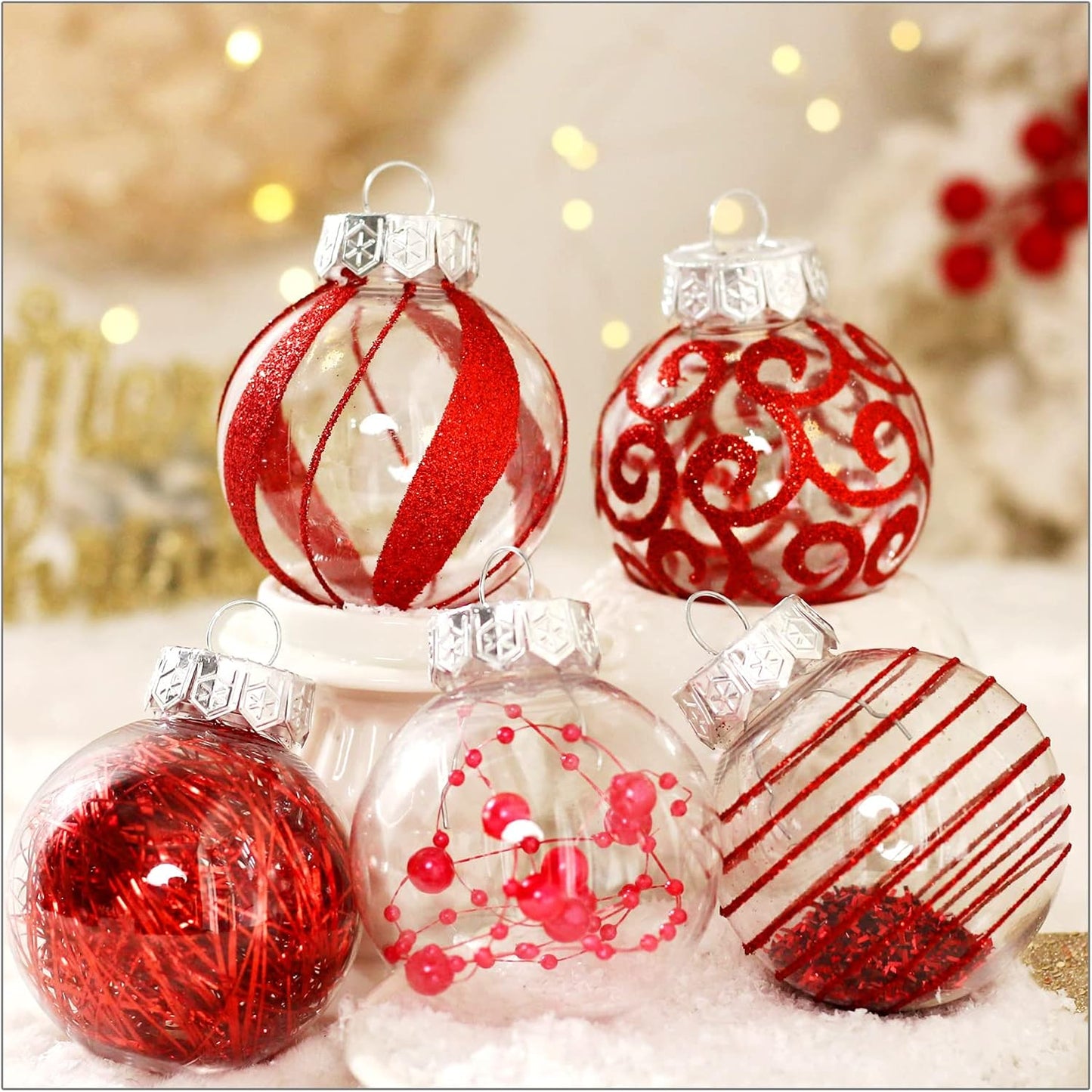 Skiennix Christmas Ornaments Set - 30pcs Shatterproof Red & Clear Baubles for Holiday Decor | 60MM Size