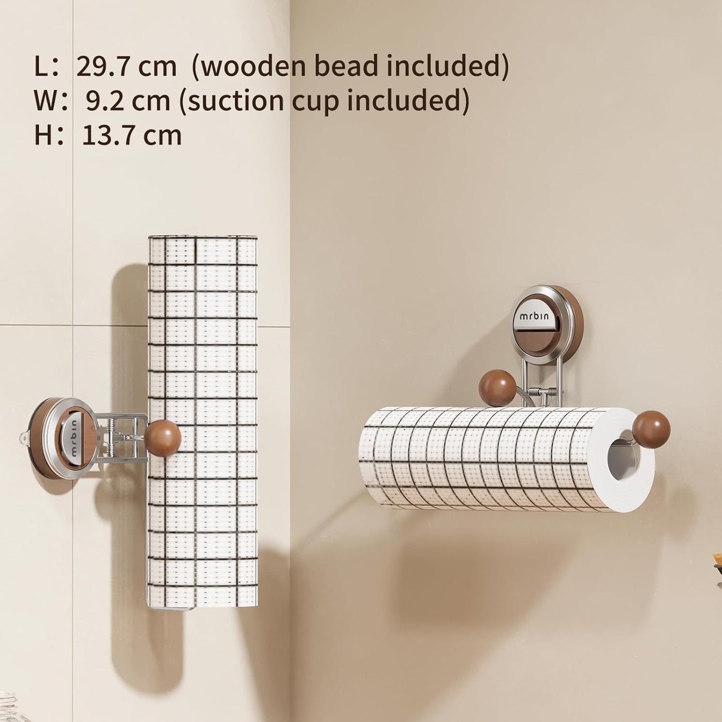 Skiennix Kitchen Paper Towel Holder - Suction Cup Design, Stainless Steel & Wood, No Drill, Large Size