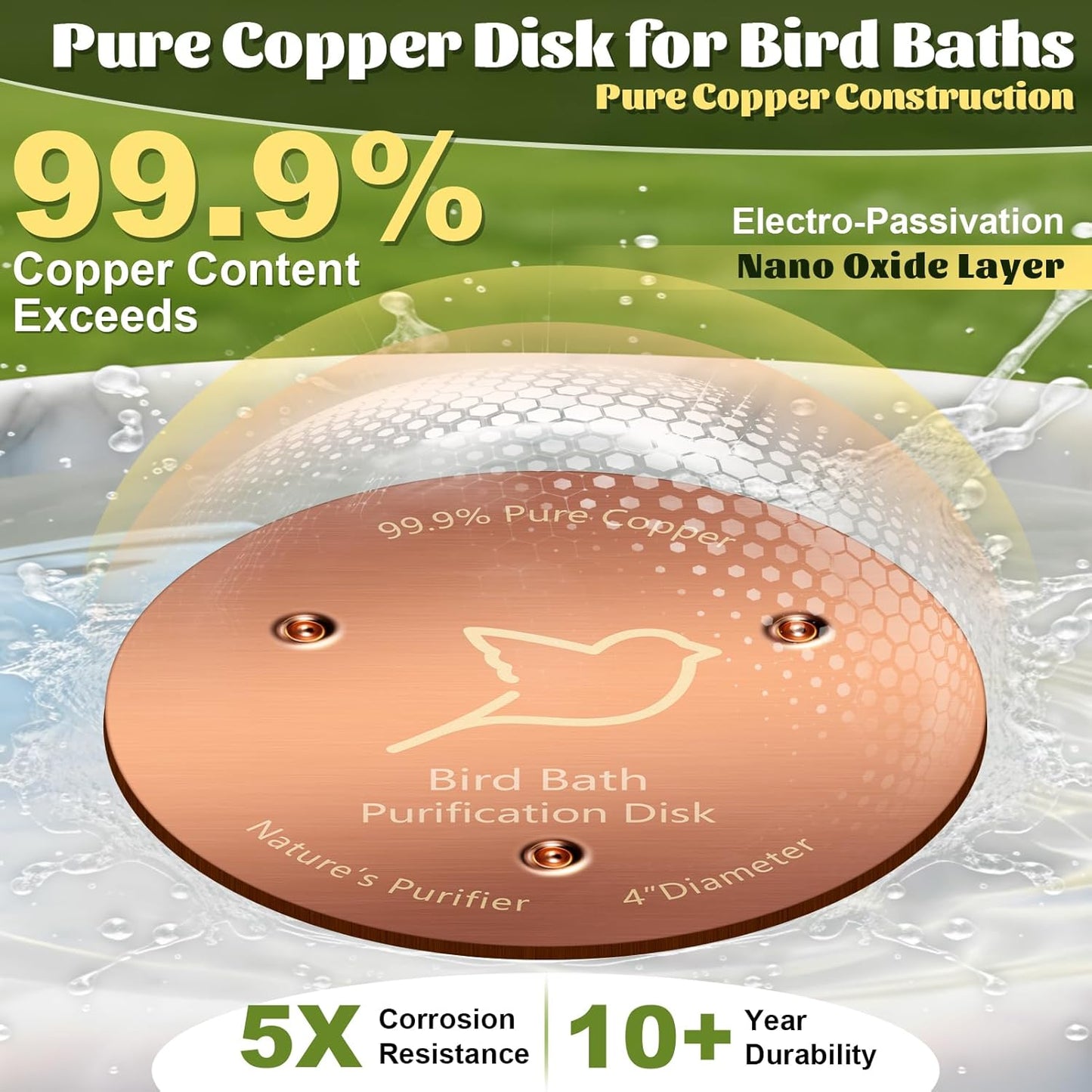 NNG Copper Bird Bath Purification Disk - 0.6mm Thick Reinforced 99.9% Pure Copper | All-Season Outdoor Cleaner