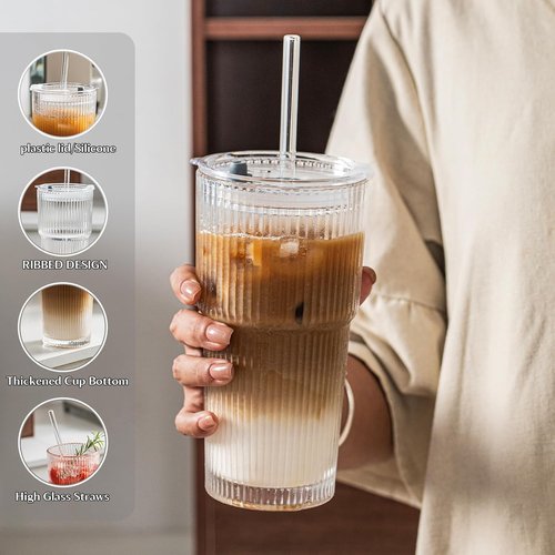 INSETLAN 20 oz Ribbed Glass Tumblers - 4-Piece Set with Lids & Straws | Durable Drinkware for Iced Coffee & Cocktails