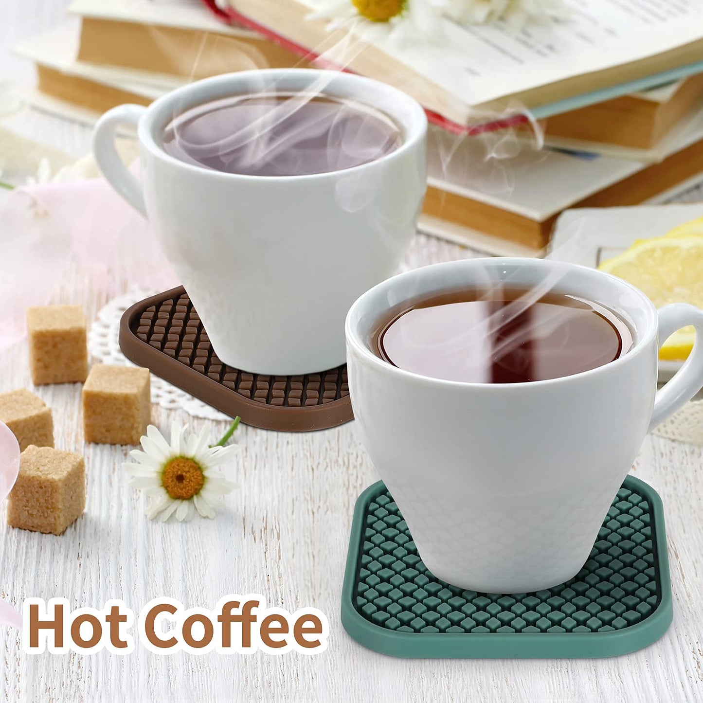 ME.FAN Silicone Coasters with Holder [6 Pack] Square Drink Cup Mat - Non-Slip, Non-stick, Stay Put, Deep Tray - Prevents Furniture and Tabletop Damages Black