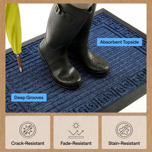 GORILLA GRIP Waterproof All-Season WeatherMAX Doormat - 35x23 Natural Rubber, Stain & Fade Resistant, Easy Clean, Navy Greek Keys