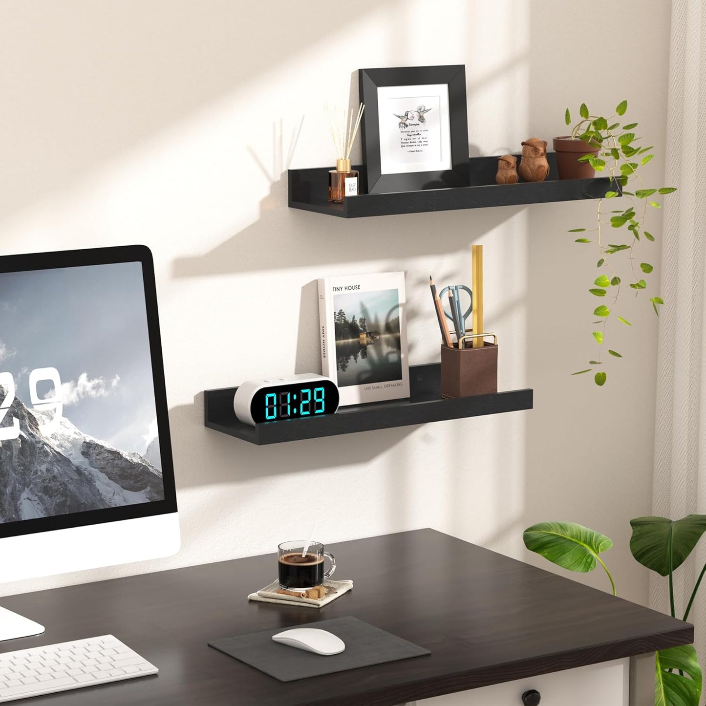 Upsimples Floating Wall Shelves - Set of 6 Decorative Wood Shelves for Bedroom, Living Room, Bathroom, Kitchen | Black