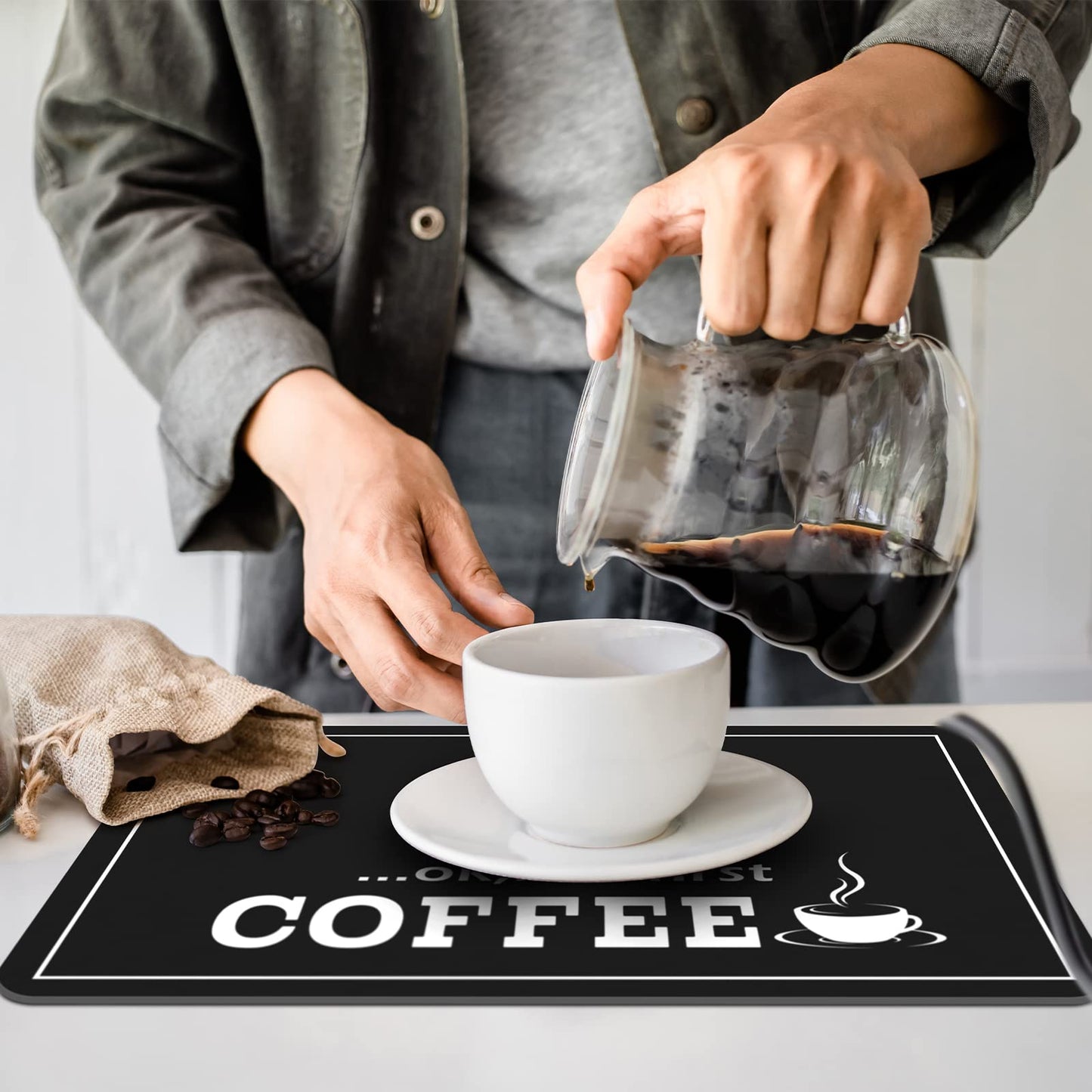 Queekay Coffee Bar Mat for Counter 24" x 16" Absorbent Dish Drying Mat for Kitchen Coffee Bar Accessories Hide Stain Rubber Backed Black Counter for Machine(Classic Style,Black)