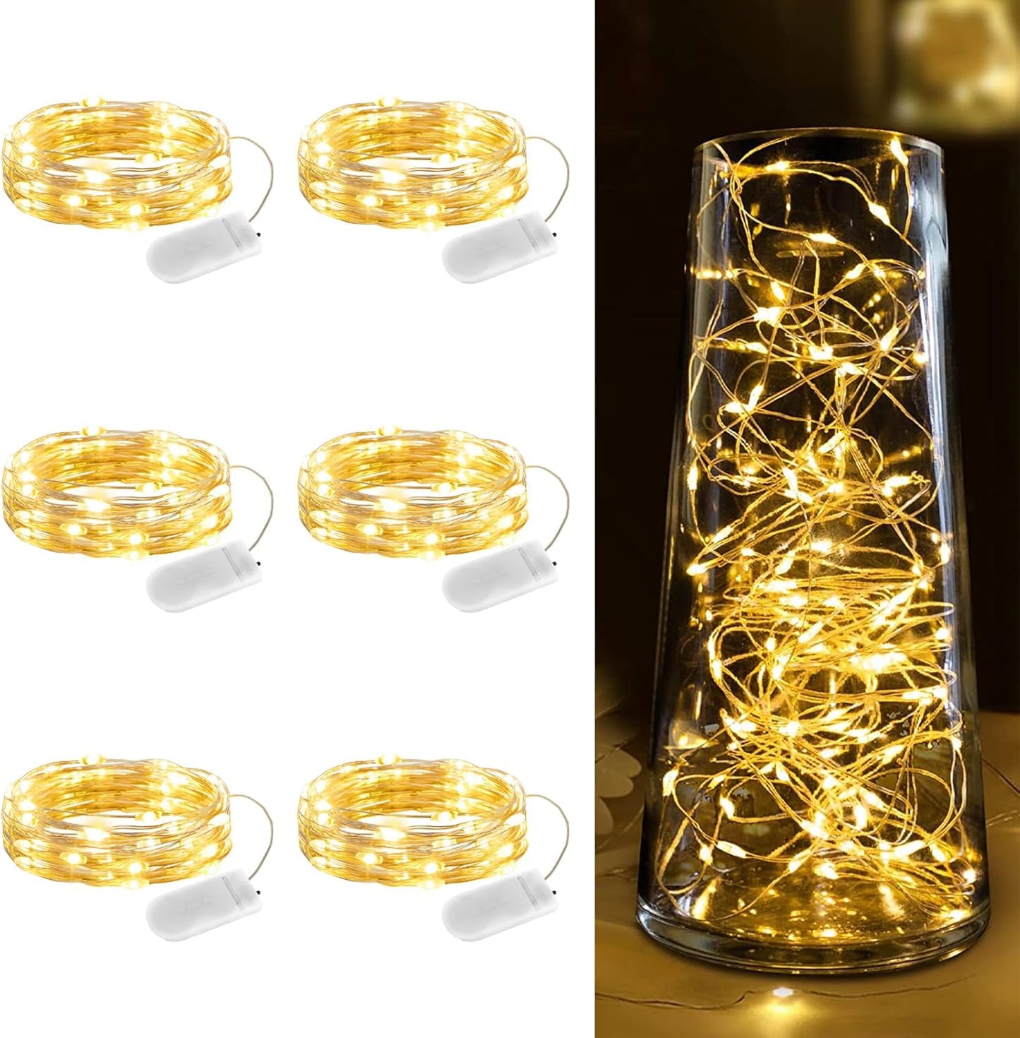 Minetom 6 Pack Fairy Lights - Battery Operated 20 LED Waterproof Silver Wire for DIY Crafts & Wedding Decor