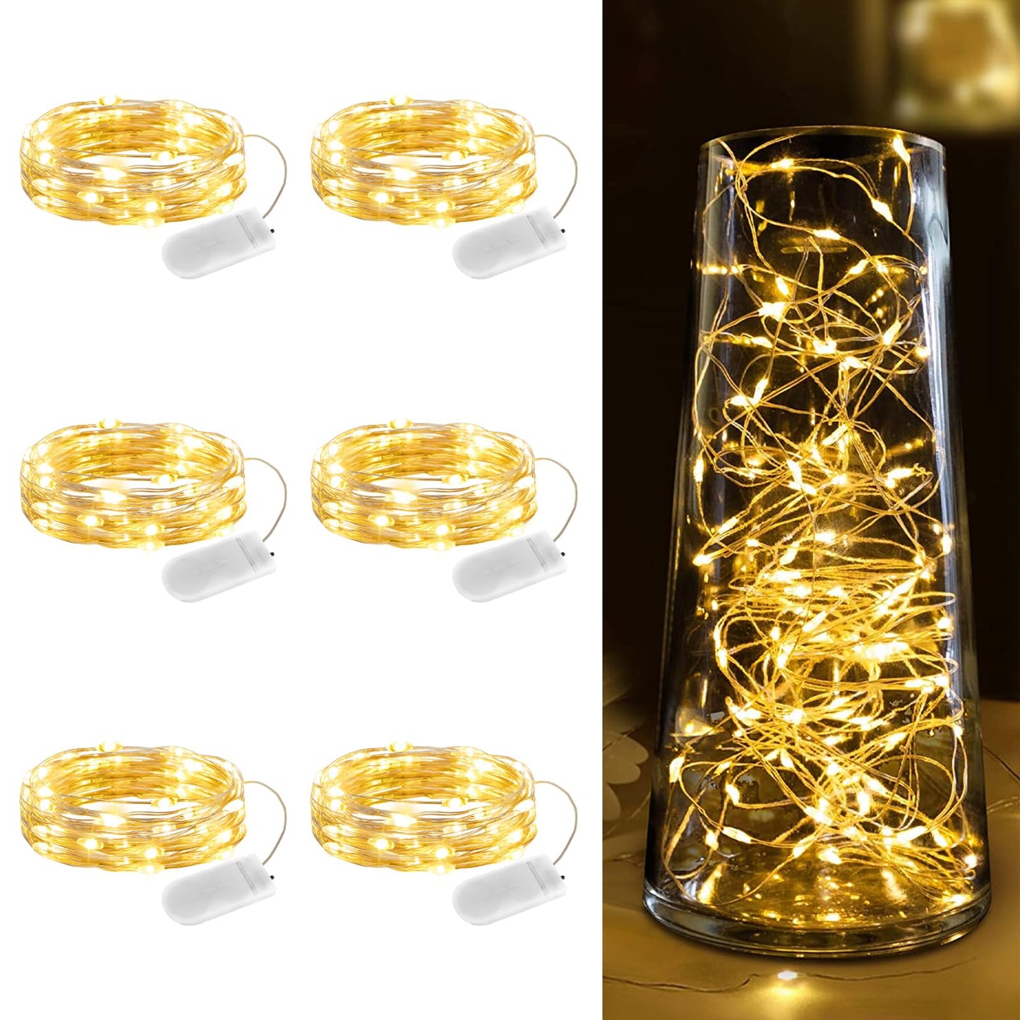 Minetom 6 Pack Fairy Lights Battery Operated String Lights - 7ft 20LED Waterproof Silver Wire Firefly Lights Waterproof for DIY Crafts Wedding Decor Table Centerpieces Mason Jars Party