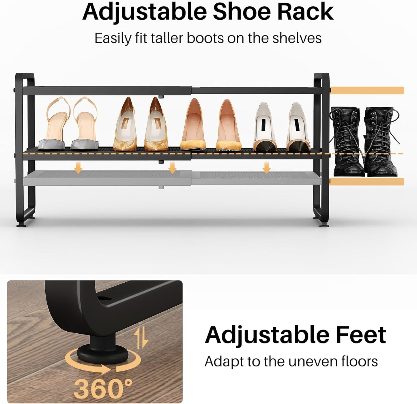SNTD Shoe Rack - Expandable Shoe Organizer with Adjustable Metal Shelves | Black 2-Tier Storage for Closet & Entryway
