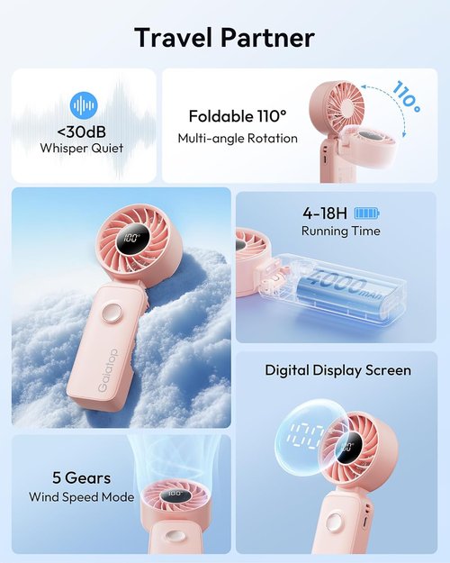 Gaiatop Portable Handheld Fan - 5-Speed Rechargeable with 18-Hour Battery Life | 3-in-1 Neck, Desk & Hand Fan - Pink