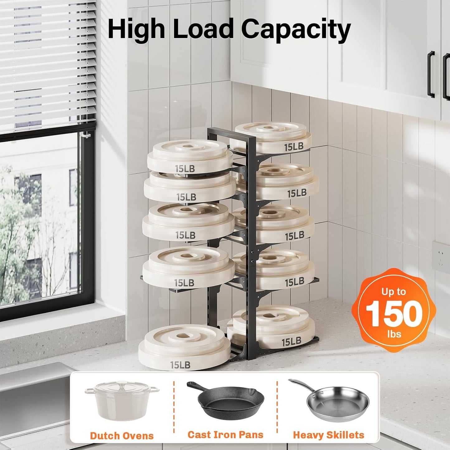 MUDEELA 10-Tier Pot and Pan Organizer - Heavy Duty Under Cabinet Storage, Adjustable Rack for Kitchen Use, 23.62" Height