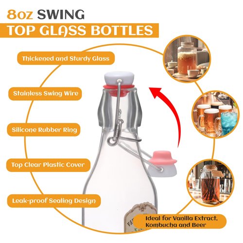 12 Pack 8oz Swing Top Glass Bottles, Square Flip Top Glass Bottles with Airtight Lids for Vanilla Extract, Home Brewing, Kombucha, Vinegar, beer, soda, beverages - Included Complete Brewing Kit