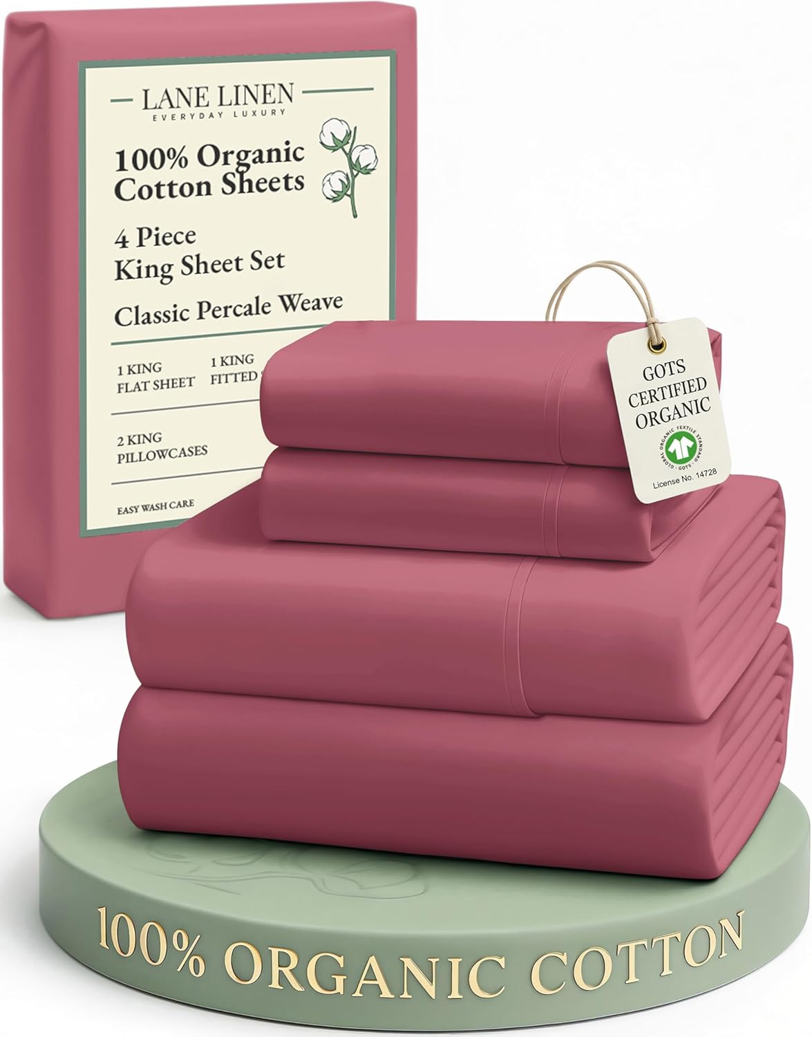 LANE LINEN 100% Organic Cotton King Size Bedsheets - Soft Luxury Hotel-Style Percale Cooling Sheets | Oeko-Tex Certified, Mineral Red